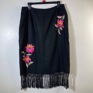 Womens‎ Nicole Studio Linen Blend Floral Embroidered Midi Skirt Fringe Black 12